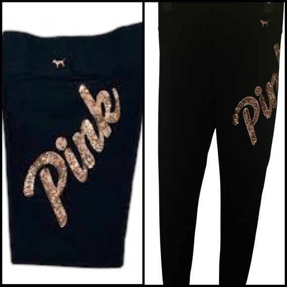 Y2K Victoria's Secret PINK Bling Script Logo Rose Gold Sequin Black Leggings S - Picture 1 of 13